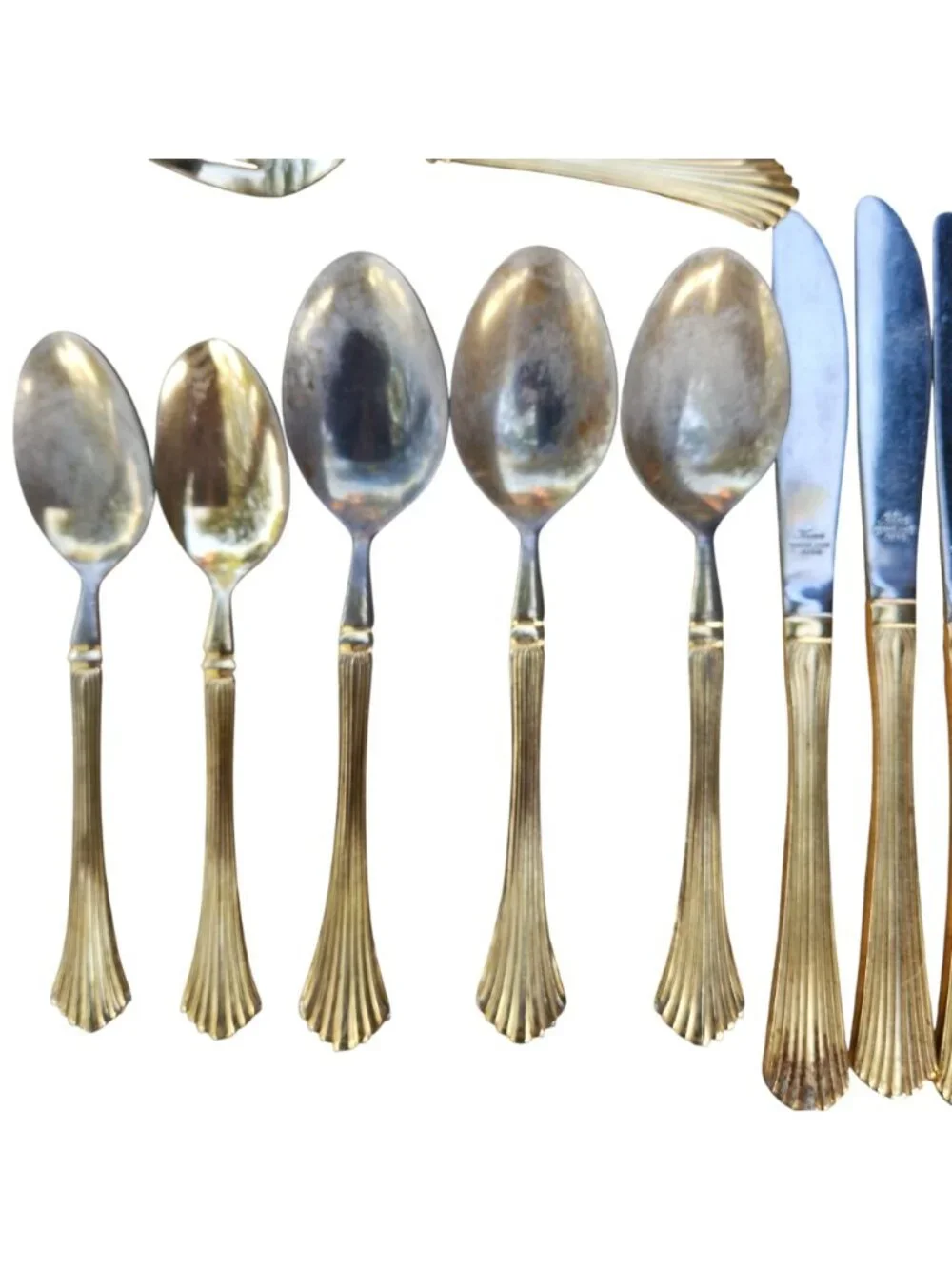 Vintage Kanu EP SS Japan Gold Flatware 22 Pc Lot Fan Pattern Jewelry Craft